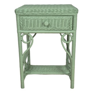 1970s Celery Green Painted Wicker Night Stand End Table W/ Drawer For Sale