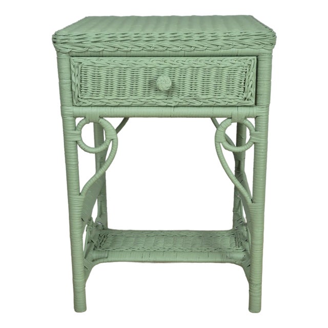 1970s Celery Green Painted Wicker Night Stand End Table W/ Drawer For Sale