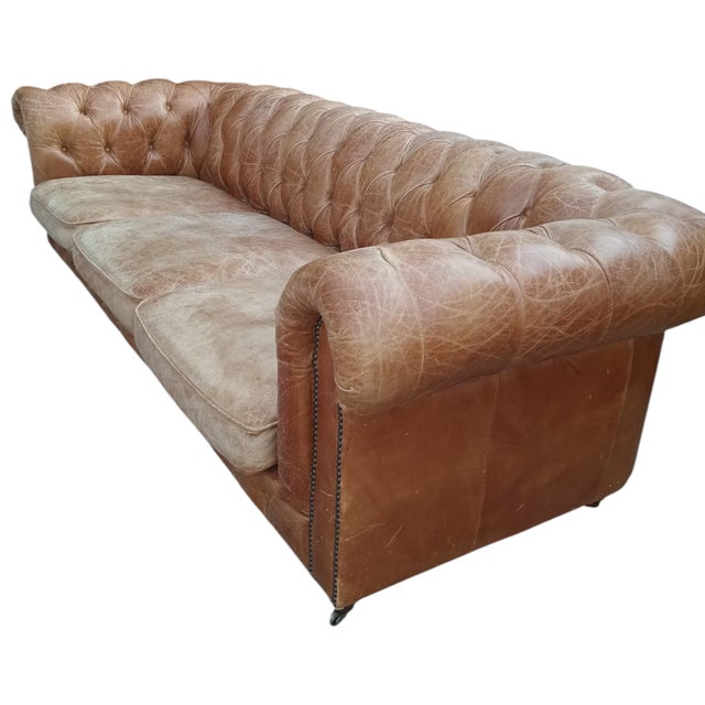 Elevate Your Living Space With This Stunning, Handcrafted Chesterfield Sofa and Ottoman in Genuine Tan Leather For Sale In Raleigh - Image 6 of 12
