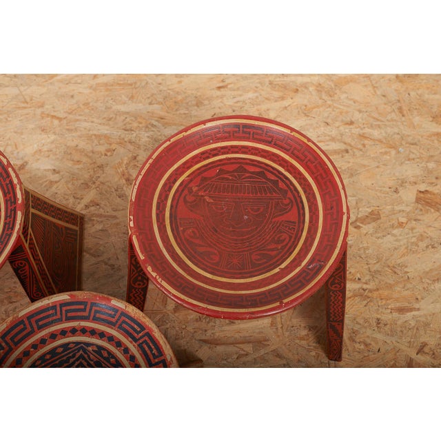 Wooden Stools with Table with South American Motifs, Set of 3 For Sale - Image 9 of 12