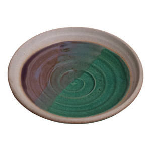 Late 20th Century Handmade Studio Pottery Abstract Emerald and Plum Swirl Glazed Stoneware Dish