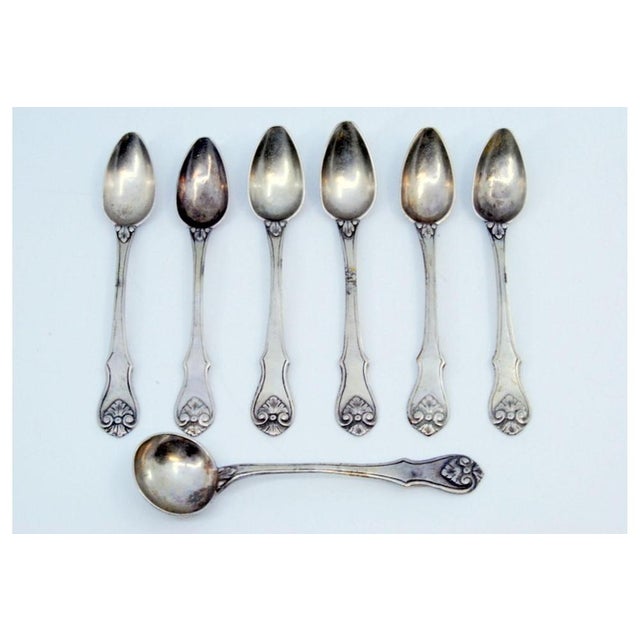 Silver Teaspoons and Sugar Shovel with Shell-Shaped Handle Reliefs, Set of 6, in Very Good conditions. Designed before...