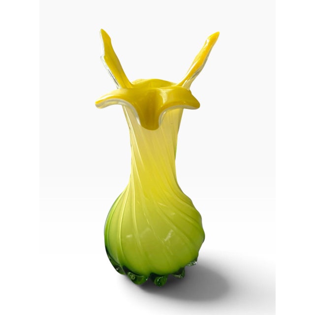 Striking vintage Jack-in-the-Pulpit glass vase in vibrant yellow and green, featuring an organic sculptural form with a...