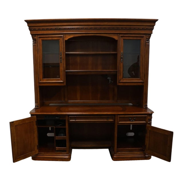High End Cherry Contemporary Traditional Style 80" Computer Desk / Credenza W. Storage Display Hutch For Sale - Image 4 of 12