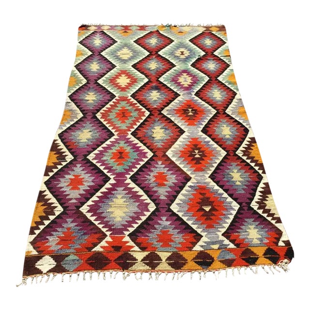 Purple & Teal Vintage Turkish Kilim Rug - 51.5" X 99" For Sale