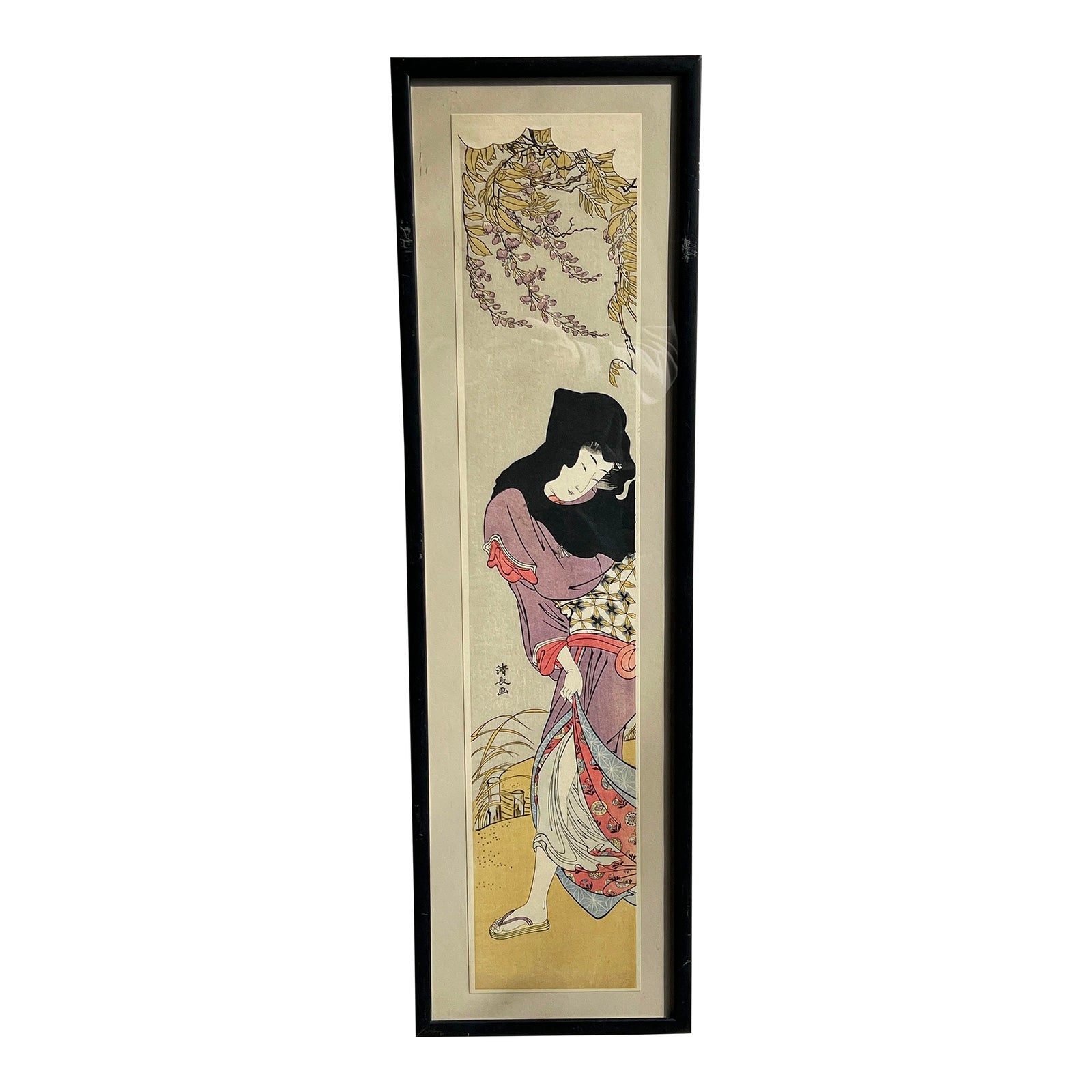 Vintage Japanese Woodblock Print 'Beauty Walking Under Windblown Wisteria' by Torii Kiyonaga