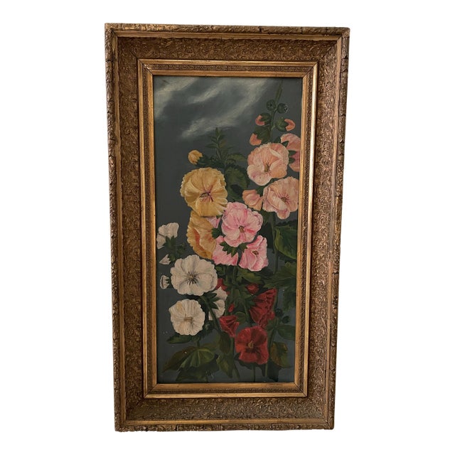 Victorian Floral Still Life Oil Painting on Board, Dated April 9, 1890, Original Gilt Gesso Frame For Sale