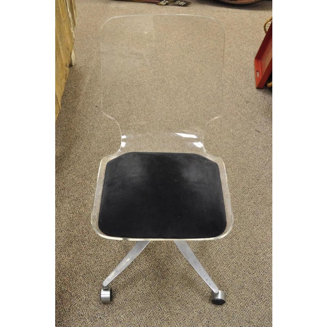 Mid Century Modern Clear Lucite Aluminum Swag Base Rolling Swivel Desk Chair For Sale - Image 4 of 12