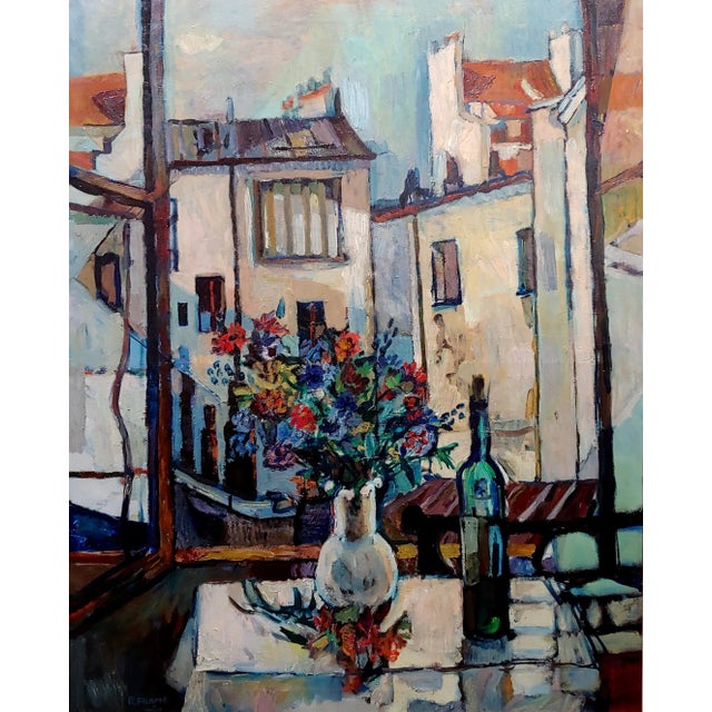 Mid-Century Modern Robert Aaron Frame -Bottle of Wine & Flowers by the Window -Oil Painting For Sale - Image 3 of 11