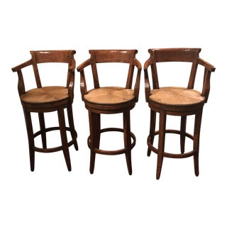English Country Swivel Rush Seat Bar Stools - Set of 3 With Custom Plasticized Fabric Cushions (Cushions Never Used) For Sale