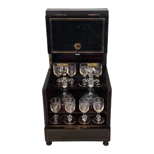 19th Century French Napoleon III Second Empire Period Ebonized Wood Brass Cave a Liqueur With Crystal Decanter & Cordial Glass Set