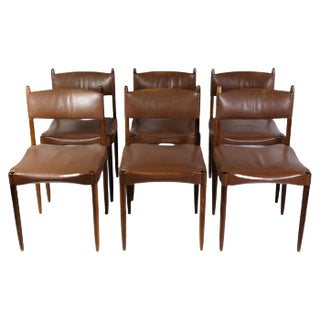 Danish Design Rosewood with Brown Leather Dining Chairs, Set of 6 For Sale