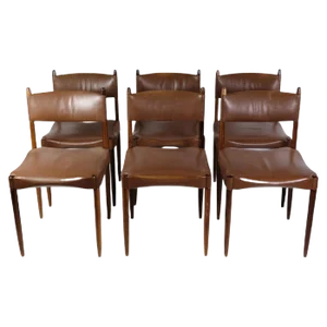 Danish Design Rosewood with Brown Leather Dining Chairs, Set of 6