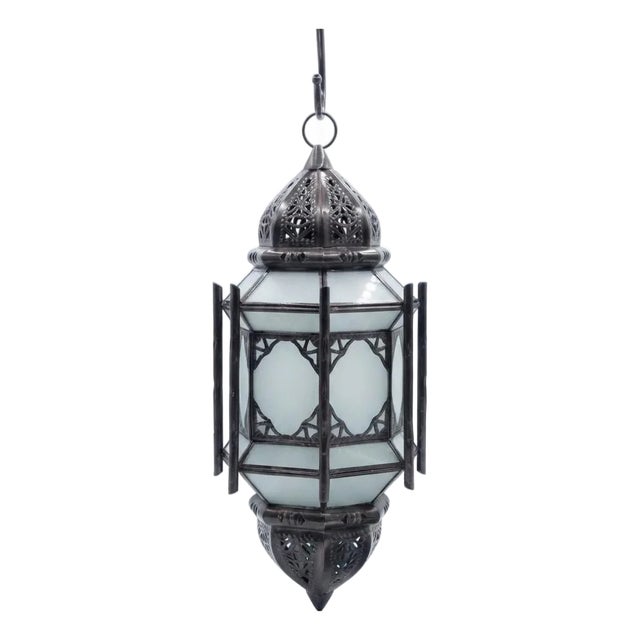 Handmade Iron Lantern With Aged Bronze Finish & Frosted Glass For Sale