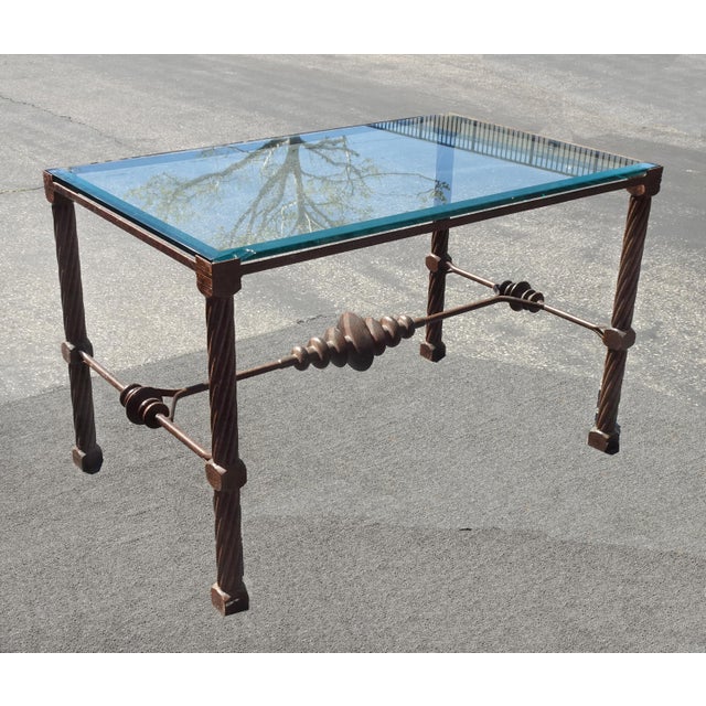 Brutalist Vintage Diego Giocometti Iron Patinated Metal Dining Table Desk W Beveled Glass For Sale - Image 3 of 16