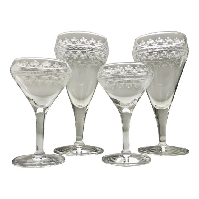 1940’s Scrollwork Bordered Stemware Glasses- 2 Cocktail & 2 Wine For Sale