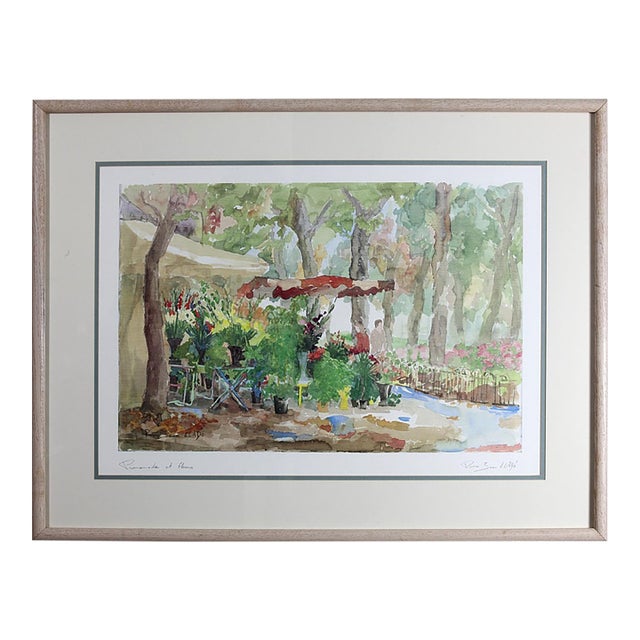 Late 20th Century Pierre Jean Llado "Promenade Et Fleurs" Framed Print, Flower Market Scene For Sale