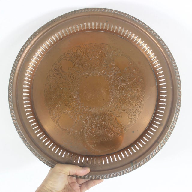 Early 20th Century Vintage Copper Drinks Tray With Embossed Floral Pattern Pierced Sides and Rope Edge Detail Heavy Patina For Sale - Image 5 of 8