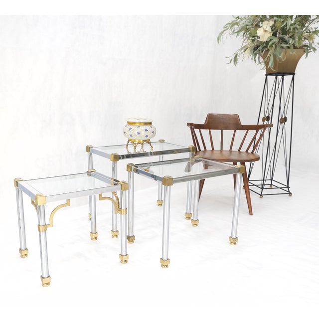 Set of 3 Chrome & Brass Glass Tops End Nesting Side Lamp Tables MINT For Sale - Image 11 of 15