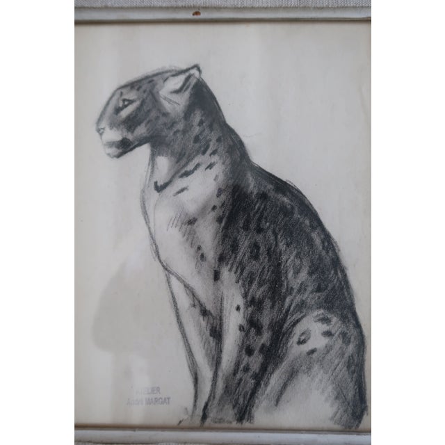 Original charcoal drawing from the 1930s Art Deco period by André Margat. The artwork depicts a stylized feline,...