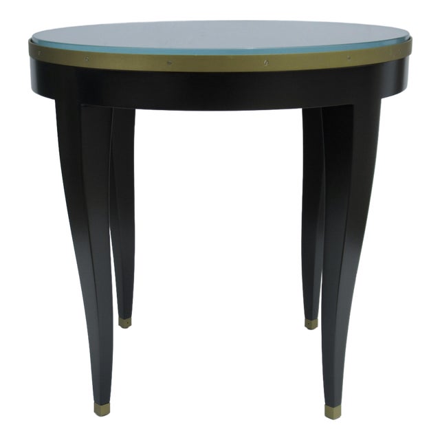 C. 1980's Donghia "Essence" Collection Round Side/End Table Satin Black Lacquer Finish With Brushed Brass Details For Sale