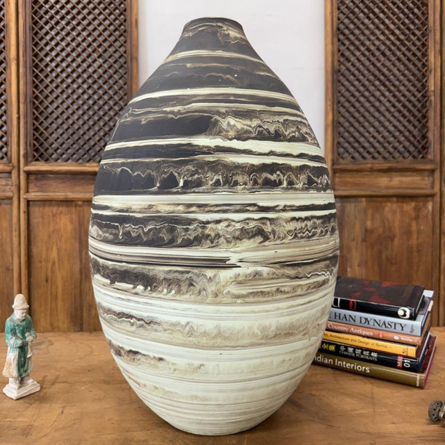 Large Rounded Black & Cream White Ceramic Vase For Sale - Image 4 of 11