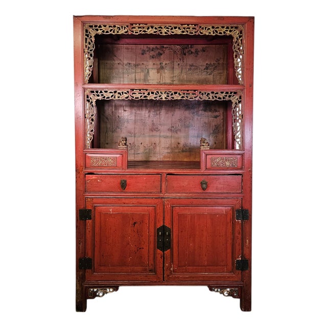 Antique Chinese Red Lacquer Scholar Cabinet With Carved Fretwork, 75.5", Late Qin G / Early Republic For Sale