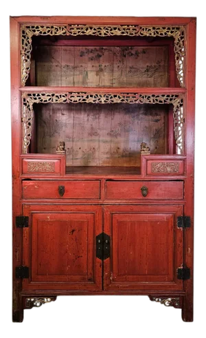 Antique Chinese Red Lacquer Scholar Cabinet With Carved Fretwork, 75.5", Late Qin G / Early Republic