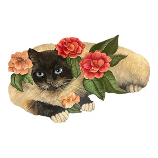 Vintage Original Painting Siamese Cat With Flowers For Sale