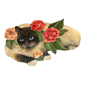 Vintage Original Painting Siamese Cat With Flowers