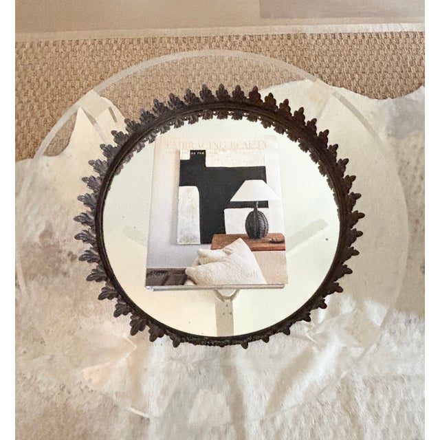 Maison Baguès Large Vintage Italian Tole Acanthus Leaf Round Mirrored Tray / Round Mirrored Cocktail Tray For Sale - Image 4 of 17