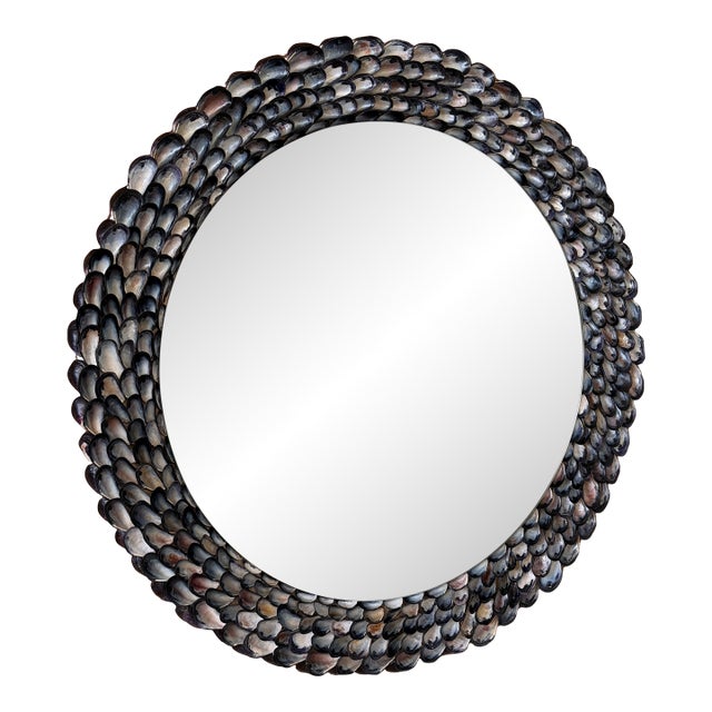 Handmade Coastal Mussel & Cowrie Shell Layered Round Mirror For Sale