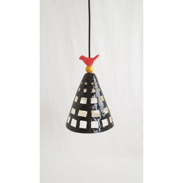 Contemporary Contemporary Handmade Ceramic Black Cage, Pendant Light in Red and Yellow Bead Detailing For Sale - Image 3 of 7