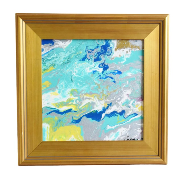 Mid-Century Modern Original Contemporary Modern Abstract Marbleized Art Painting Including the Antiqued Gold Wood Frame For Sale - Image 3 of 5