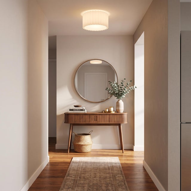 Mid-Century Modern Scallop Flush Mount - Satin Nickel Steel, Drum White Linen Shade, Modern, Dimmable, Elv Dimmer For Sale - Image 3 of 5