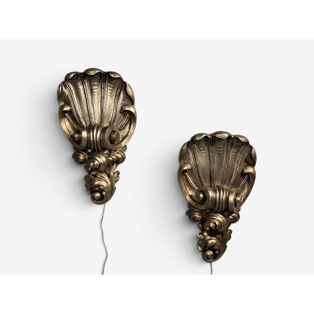 1970s Grosfeld House Attr., Large Shell Wall Sconces, Silver Leaf - a Pair For Sale - Image 4 of 14