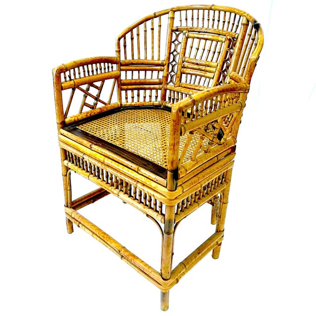 Chinoiserie 1970's Brighton Pavillion Chinoiserie Tiger Bamboo Rattan Cane Armchair by Thomasville For Sale - Image 3 of 10