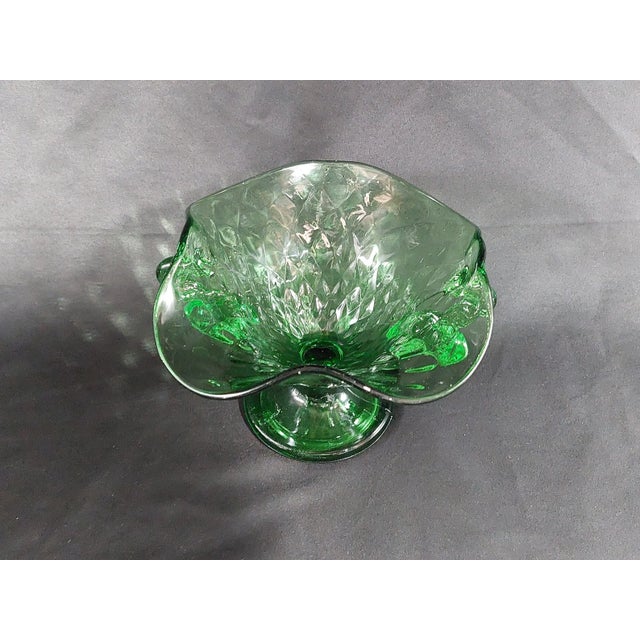 Glass Vintage Fenton Dolphin Green Uranium Glass Two Handled Crimped Bowl For Sale - Image 7 of 11