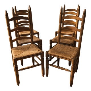 Vintage Wooden Ladder-Back Dining Chairs with Woven Seats, 1940s, Set of 6 For Sale