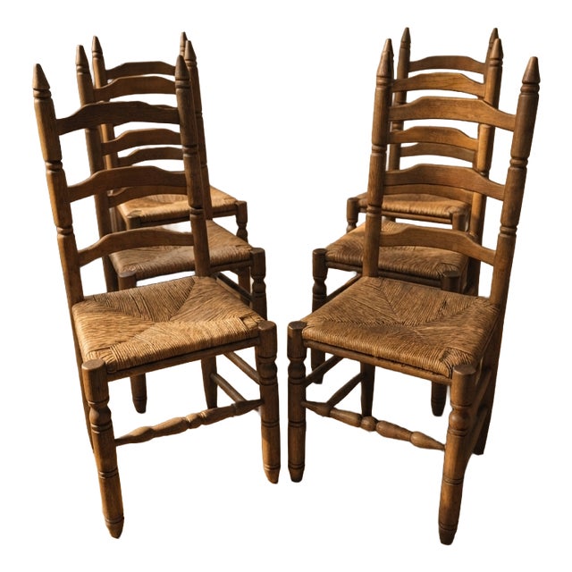 Vintage Wooden Ladder-Back Dining Chairs with Woven Seats, 1940s, Set of 6 For Sale