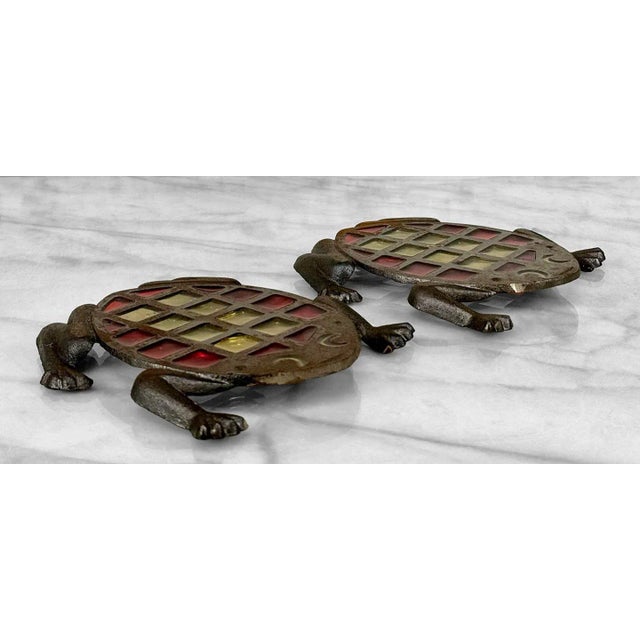 Vintage Stained Glass Cast Iron Frog Barware Drink Coaster Trivet - a Pair For Sale - Image 6 of 10