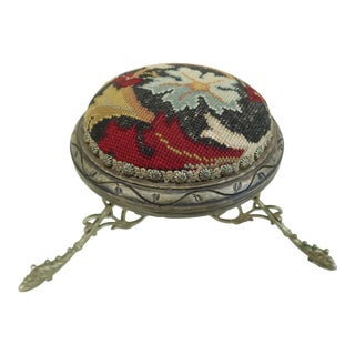 Vintage Round Needlepoint Footstool W. Metal Legs For Sale