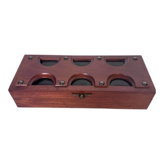 20thC. Mid Century Modern Japanese Black Leather, Brass Nails & Solid Cherry Wood Valet Lidded Box For Sale