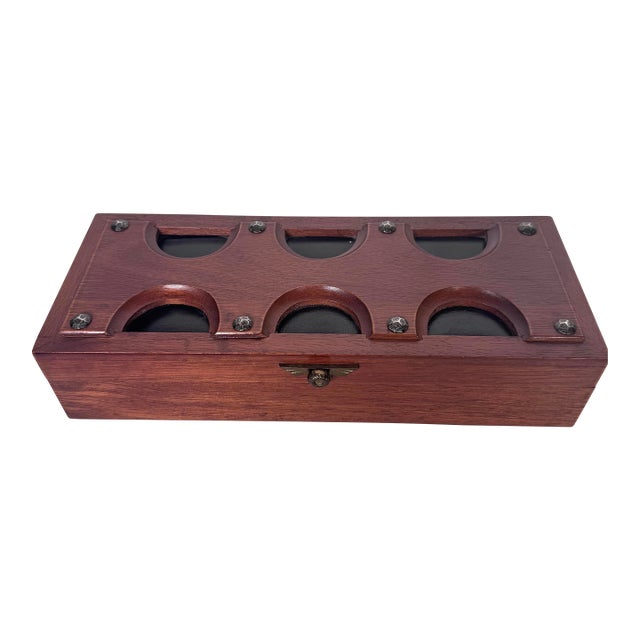 20thC. Mid Century Modern Japanese Black Leather, Brass Nails & Solid Cherry Wood Valet Lidded Box For Sale