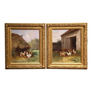 Pair 19th Century French Barnyard Oil Paintings Signed Charles Maréchal For Sale