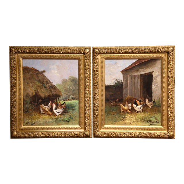 Pair 19th Century French Barnyard Oil Paintings Signed Charles Maréchal For Sale