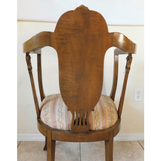 Wood Antique Victorian Pink Floral Striped Carved Wood Brass Studded Side/End Accent Chair For Sale - Image 7 of 15