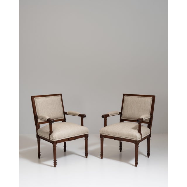 Pair of 19th Century French Chestnut Brown Louis XVI Oak Upholstered Armchairs For Sale In Greensboro - Image 6 of 15