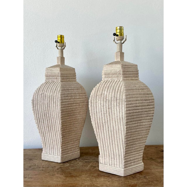 Contemporary Vintage Boho Ceramic Woven Rattan Lamps - A Pair For Sale - Image 3 of 10