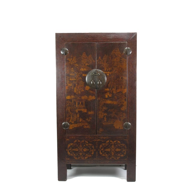 Chinoiserie 1900 - 1909 Asian Elm Cabinet With Painted Panel Doors For Sale - Image 3 of 12